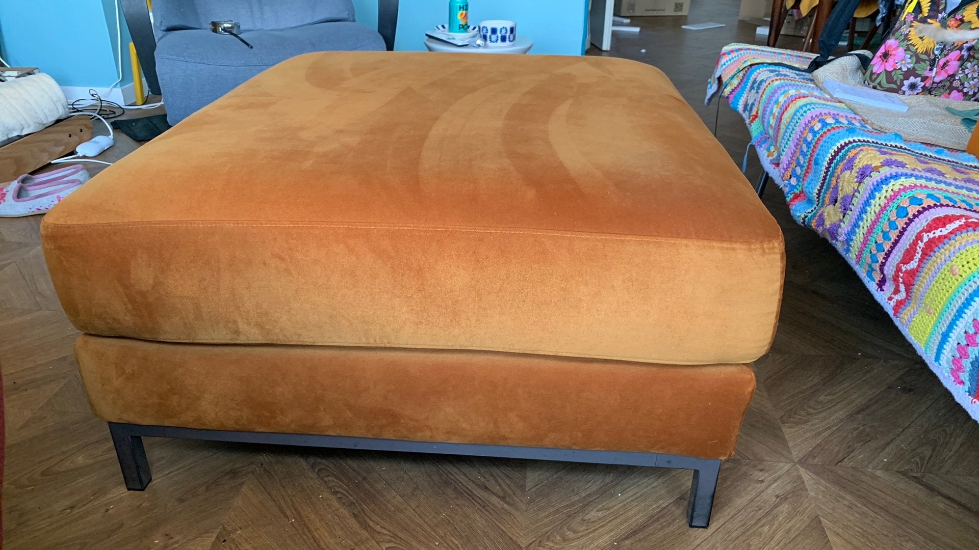 Ikea Kramfors zitelement poef footstool oker velours, Ophalen, Lounge, 75 tot 100 cm, Zo goed als nieuw