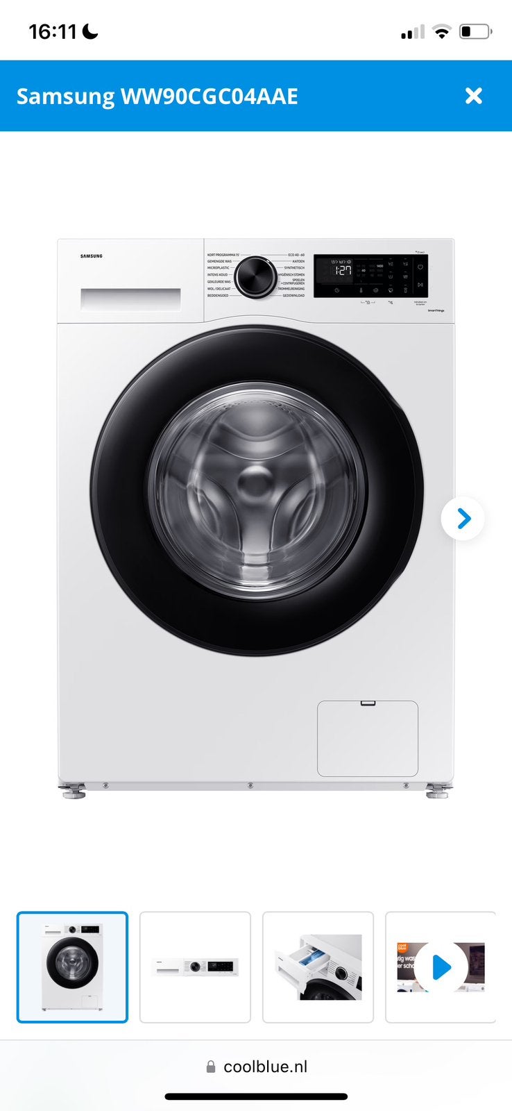 Samsung WW90CGC04AAE, Ophalen, 1200 tot 1600 toeren, Energieklasse A of zuiniger, 8 tot 10 kg