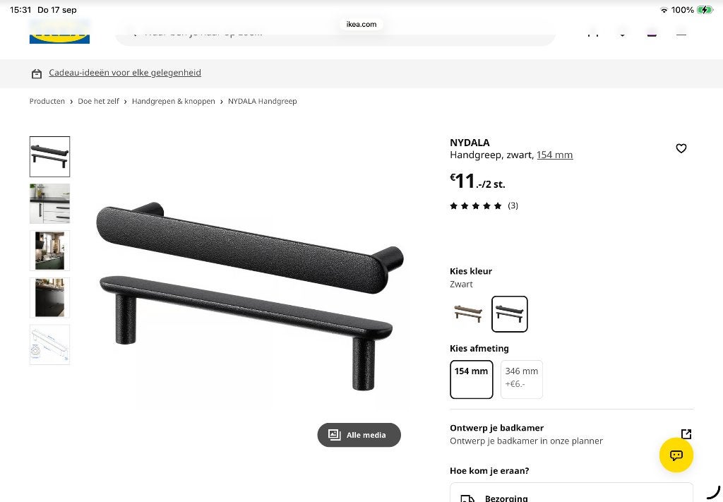 Ikea Nydala handgrepen 18 stuks, Ophalen, Zo goed als nieuw, Overige materialen, Klink of Kruk