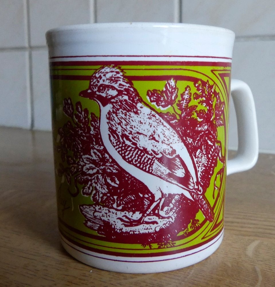 Staffordshire Potteries vintage beker mok vogel Gaai Jay, Huis en Inrichting, Keuken | Servies, Gebruikt, Overige stijlen, Aardewerk