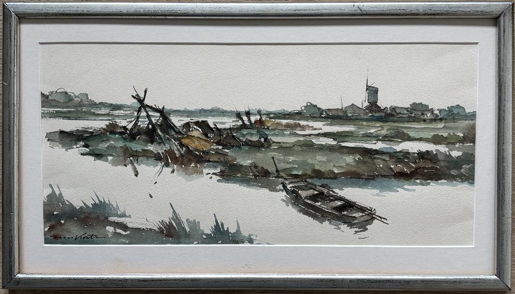 Toon Koster (1913-1989)  - Polderlandschap met molen, Antiek en Kunst, Ophalen of Verzenden