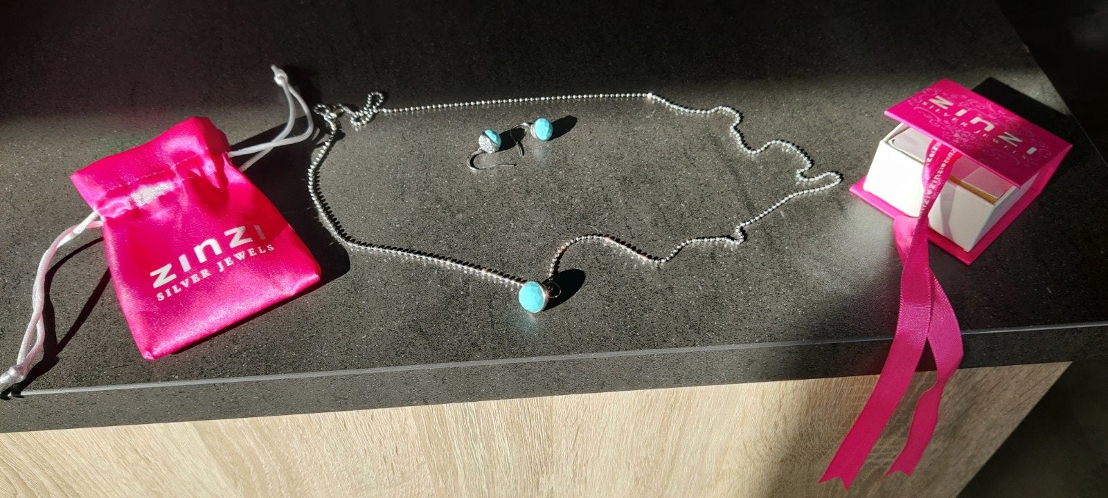 Zinzi zilveren sieradenset met turquoise stenen, Hangers, Blauw, Ophalen of Verzenden, Zo goed als nieuw
