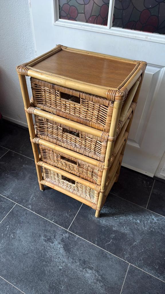 Vintage Rotan laden kastje, Huis en Inrichting, Kasten | Ladekasten, Zo goed als nieuw, 3 of 4 laden, Minder dan 100 cm, 25 tot 50 cm