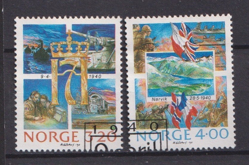 Noorwegen 1990; Duitse bezetting in 1940, Mi 1042/43, gebr., Verzenden, Gestempeld