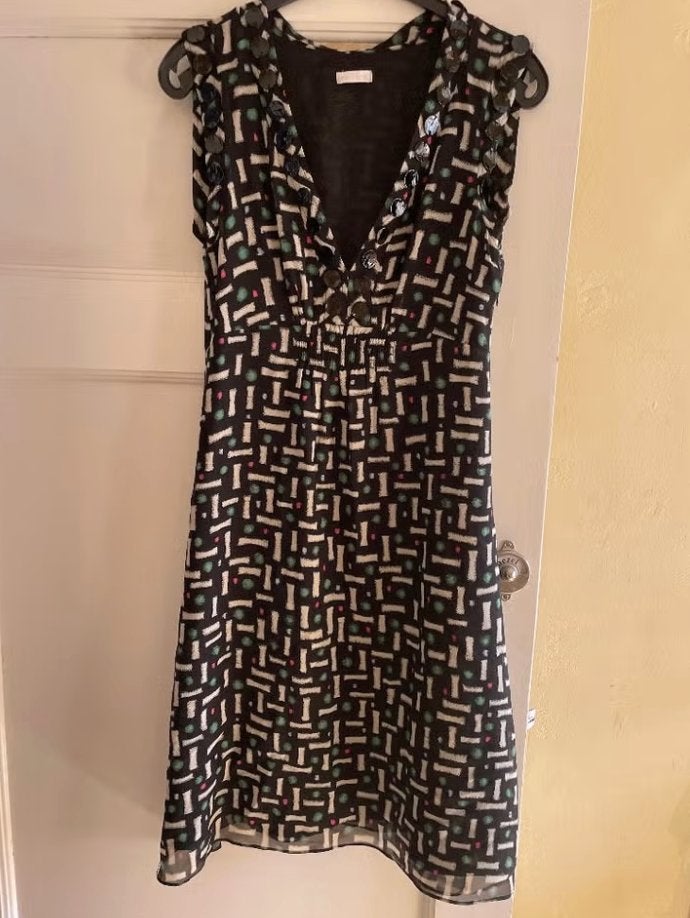 vintage Cacharel mouwloze zijden jurk mooie print mt XS, Zo goed als nieuw, Maat 34 (XS) of kleiner, Cacharel, Onder de knie