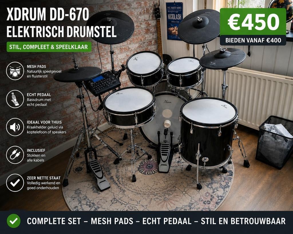 XDrum DD-670 mesh e-drumset (nieuw €869) pro opties, Ophalen, Zo goed als nieuw, Overige merken, Elektronisch