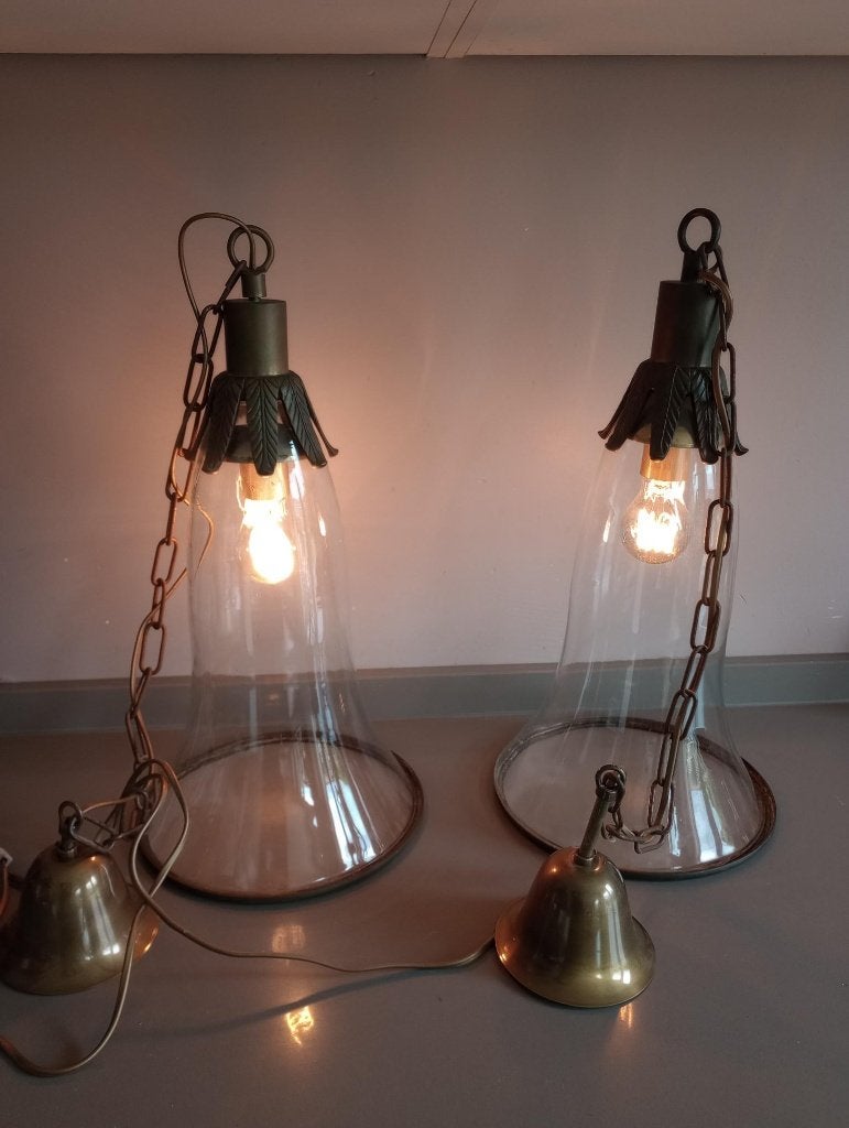 Set handgemaakte vintage hanglampen, Huis en Inrichting, Lampen | Hanglampen, Ophalen, Gebruikt, E27 (groot), Glas