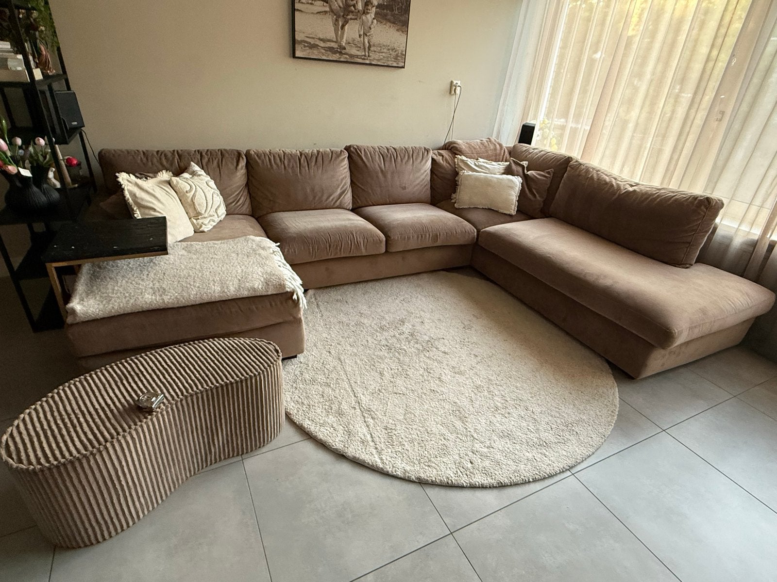 Ruime hoekbank (rofra) met chaise longue - Bruin/Taupe, Gebruikt, Hoekbank, 300 cm of meer, Ophalen of Verzenden