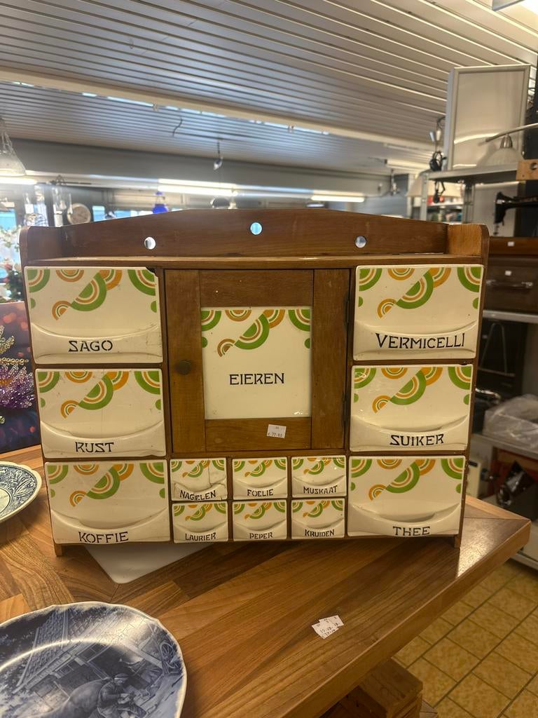 Vintage kruidenrek met porseleinen lades, Ophalen