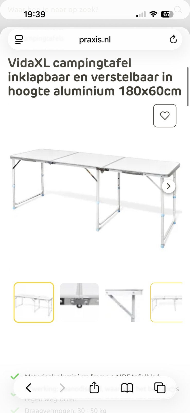 Campingtafel 180 x 60 cm - lichtgewicht, opklapbaar, Ophalen of Verzenden, Gebruikt, Campingtafel
