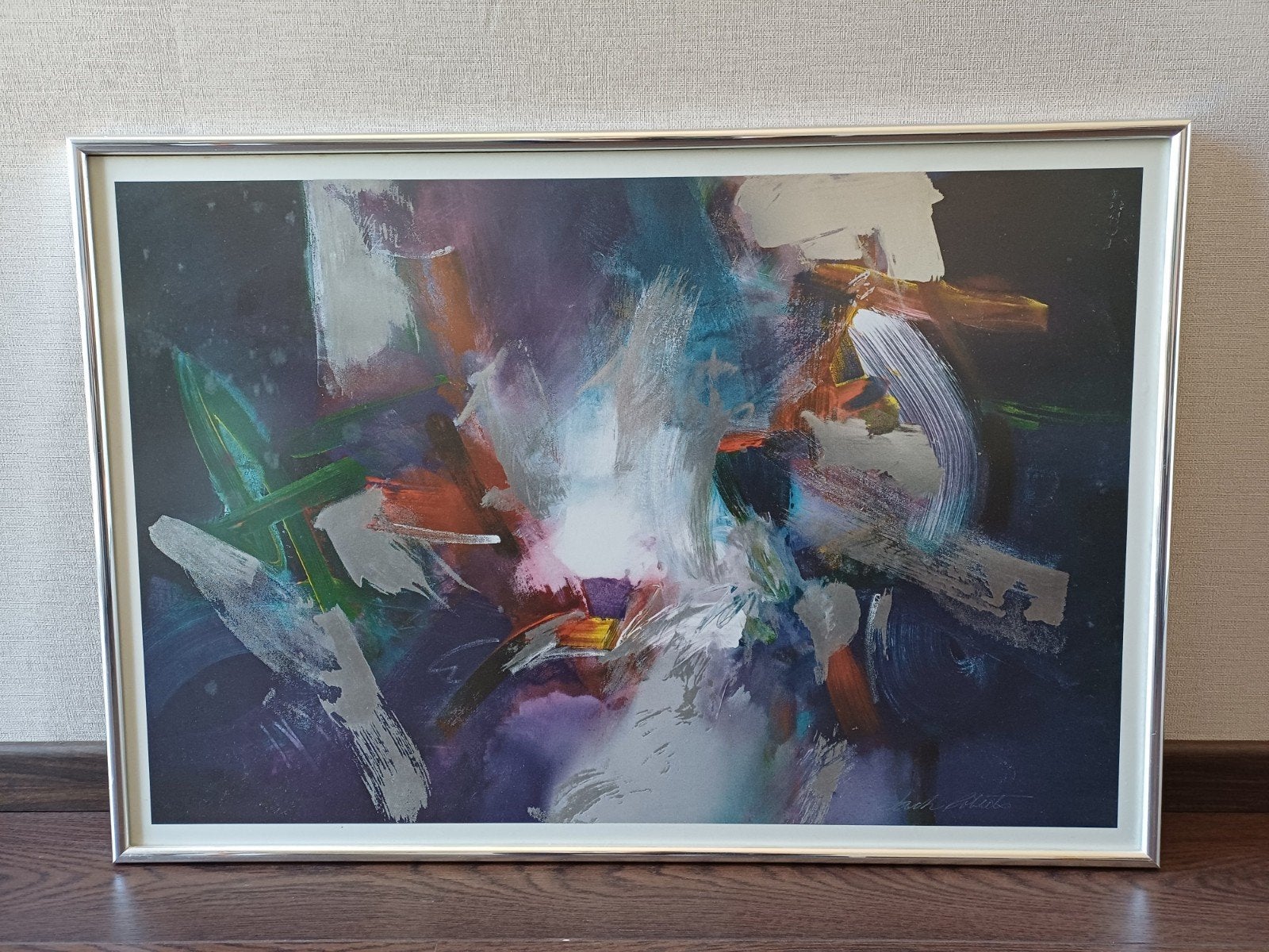 Abstracte poster in zilveren lijst (82x56,5 cm), Ophalen