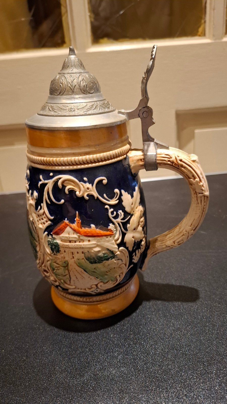 Vintage Duitse Bierpul met Tinnen Deksel - Handgeschilderd, Ophalen of Verzenden