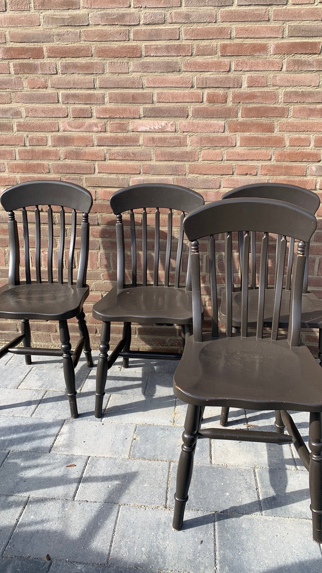 4 Eikenhouten zwart geverfde eetkamerstoelen, Ophalen, Gebruikt, Zwart, Vier
