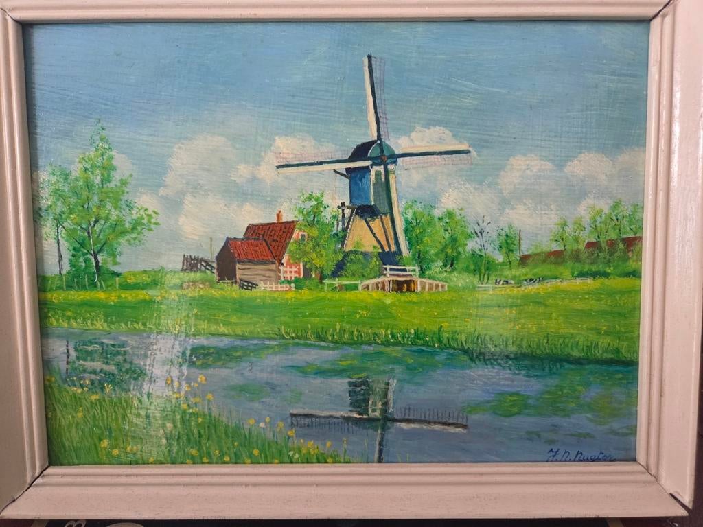 Schilderij Hollandse molen aan het water gesigneerd, Antiek en Kunst, Ophalen of Verzenden
