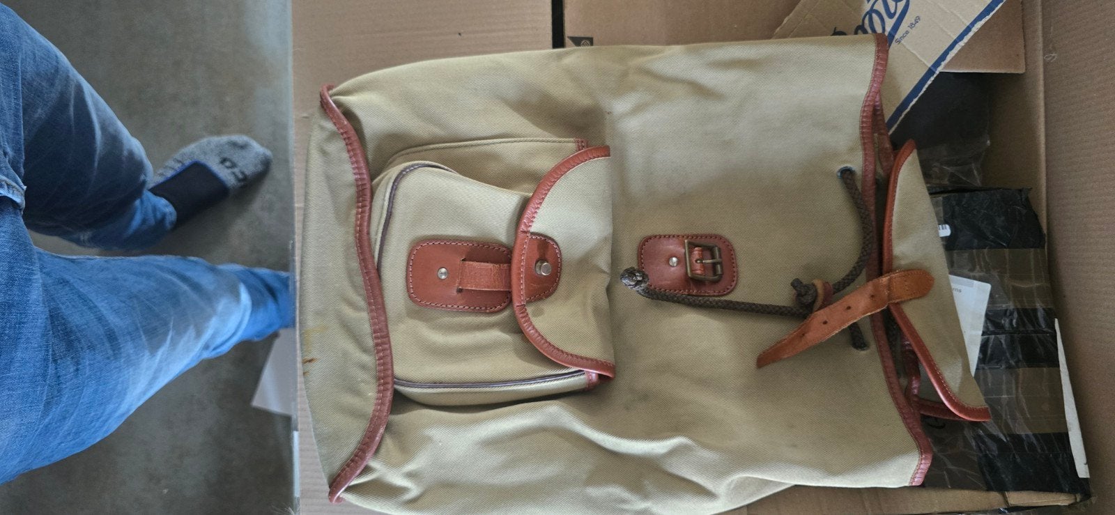 Vintage John Chapman Rugzak - Beige Canvas & Leer, Gebruikt, 25 tot 40 cm, Ophalen of Verzenden, Overige merken