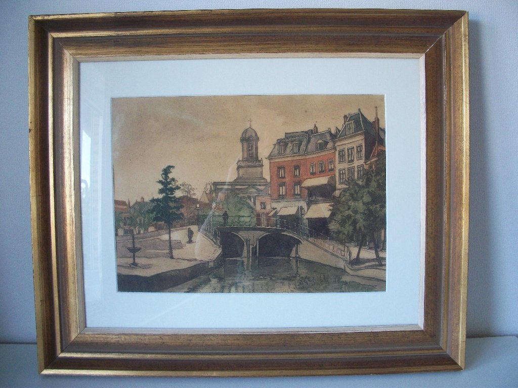 Stads of Dorps tafereel in houten lijst Leiden - 52 x 62 cm, Ophalen of Verzenden, Achter glas