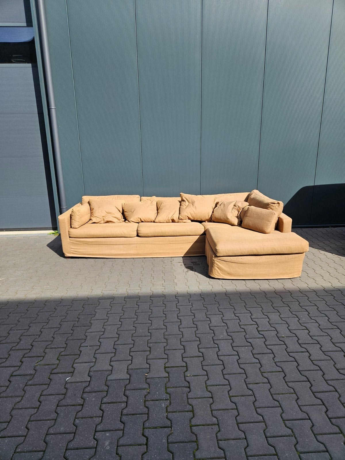 Comfortabele hoekbank met chaise longue - Beige stof, Ophalen, Gebruikt, Hoekbank, 300 cm of meer
