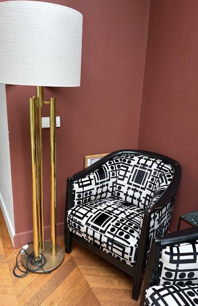 Vintage vloerlamp goudkleurig met creme kap - 170 cm, Ophalen, Gebruikt, 150 tot 200 cm, Metaal