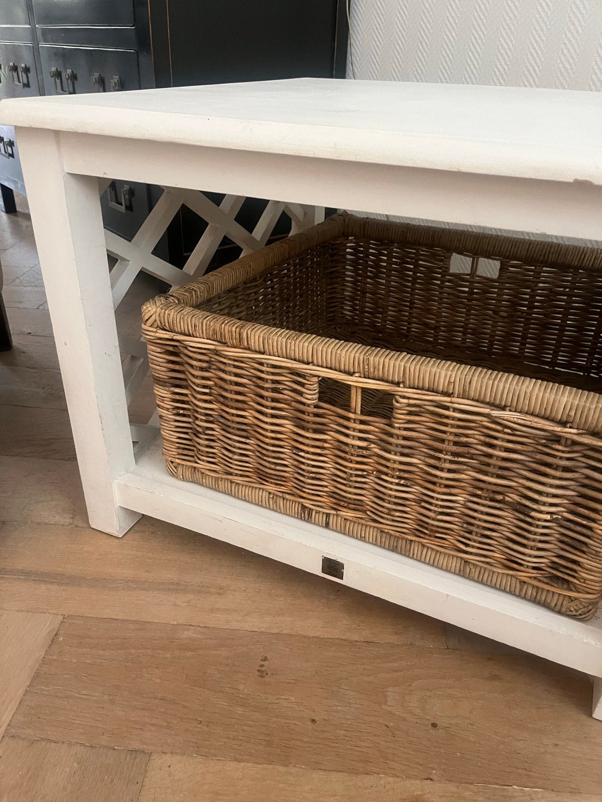 Rivièra Maison koffietafel met mand, Ø 95 cm, Huis en Inrichting, Tafels | Salontafels, Ophalen of Verzenden, Gebruikt, Rond, 50 tot 100 cm