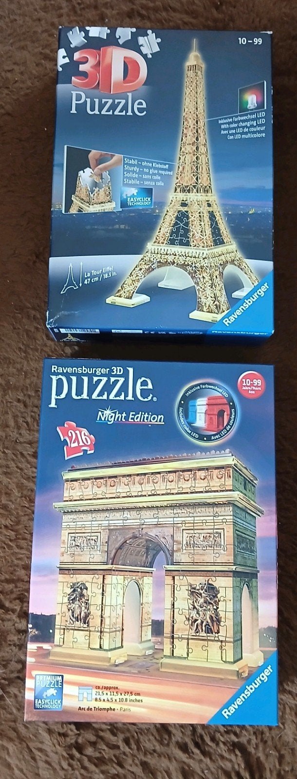 Ravensburger 3d puzzel night edition Eiffeltoren/ Notre Dame, Ophalen of Verzenden, Minder dan 500 stukjes, Zo goed als nieuw