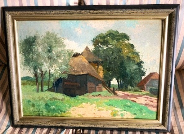 Boerenschuren op de Veluwe 1926 - Andries Verleur 1876-1953, Paneel, Impressionistisch, Ophalen of Verzenden, Gedateerd