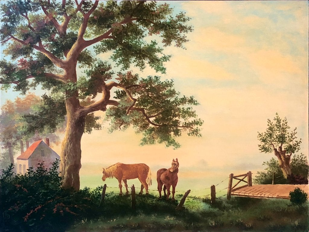 Monogram "GB" Schilderij 'Weide met paarden bij eik, Ophalen of Verzenden