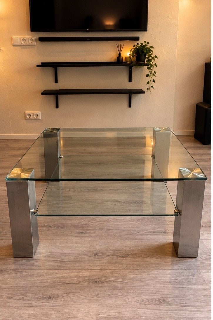 Glazen salontafel met metalen poten - 90x90x40cm, Ophalen, Gebruikt, Vierkant, 50 tot 100 cm
