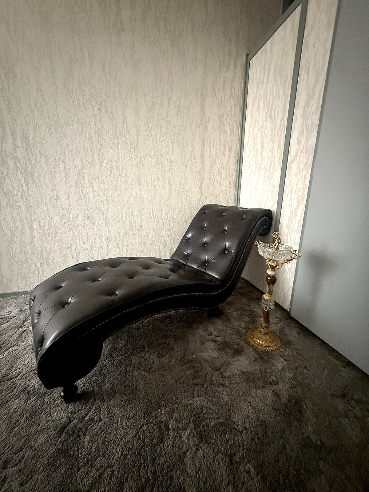 Chesterfield-achtige Chaise Longue - Zwart Bruin Leer, Ophalen, Gebruikt, Eenpersoons, Leer