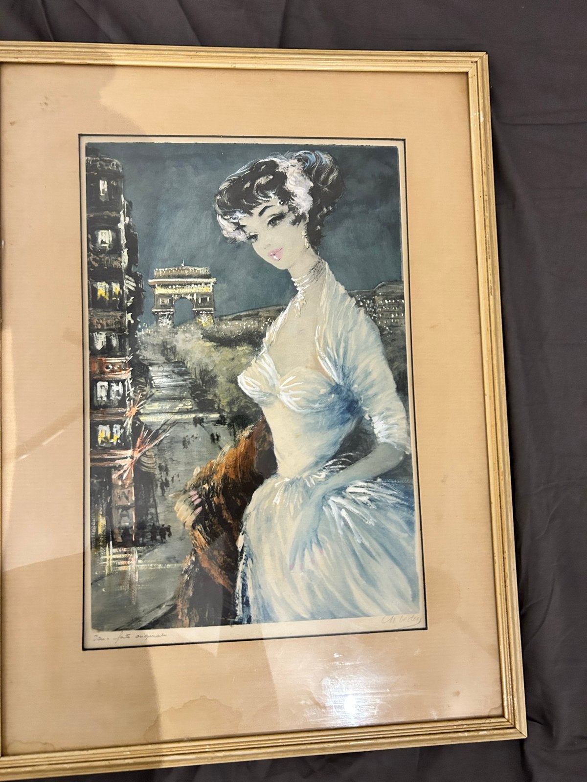 Vintage Schilderij Dame in Parijs M. Beday, Achter glas, Portret of Personen, Ophalen of Verzenden, Papier