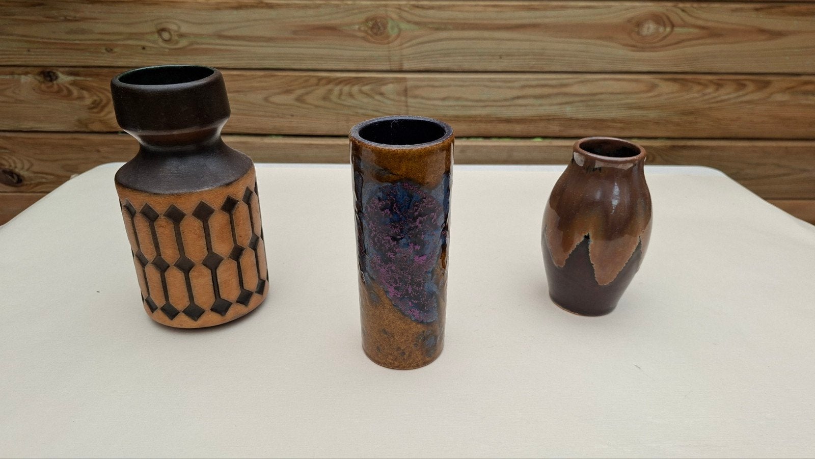 Set van 3 vintage vazen: 2x Fat Lava, 1x Brutalist jaren '70, Verzenden