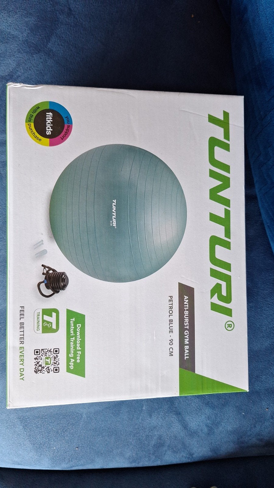 Tunturi Anti-Burst Gymbal - Petrol Blauw - 90 cm met pomp, Ophalen, Nieuw, Buik, Fitnessbal