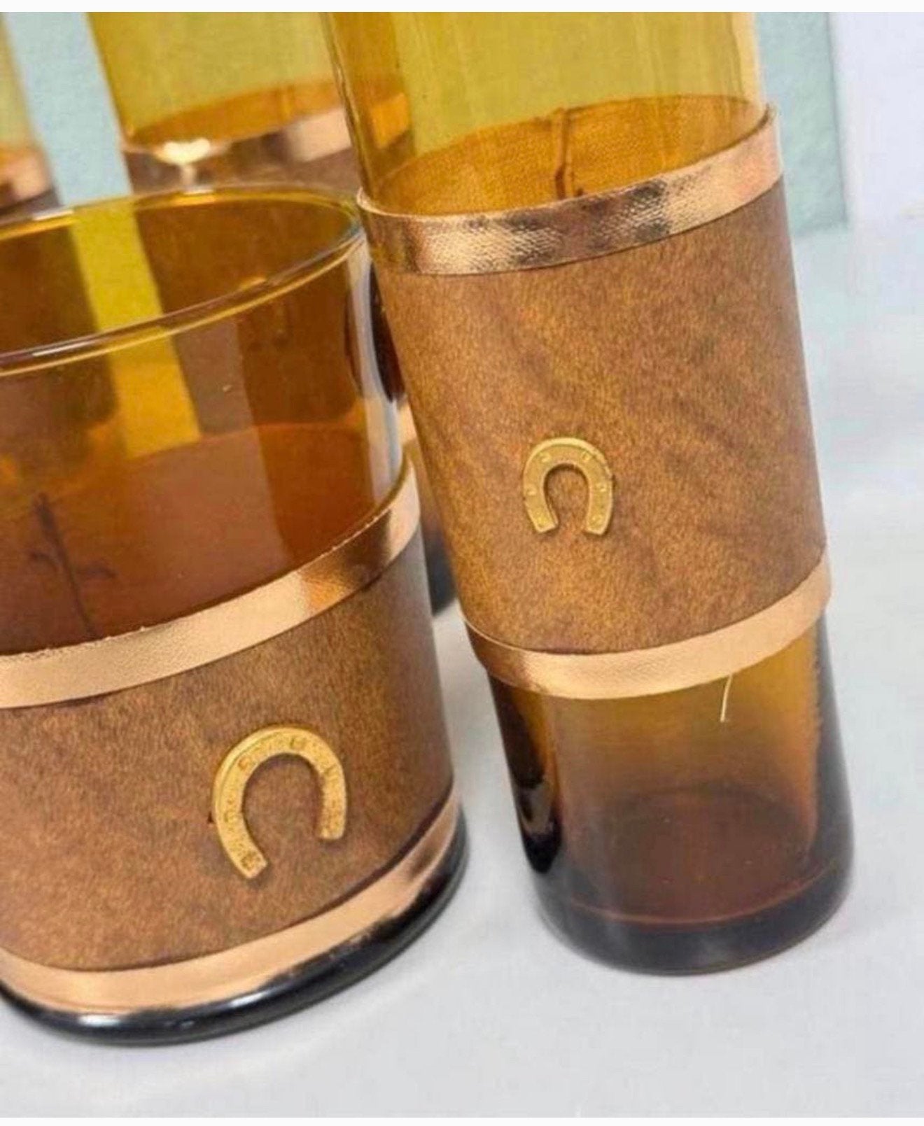 Antiek 1950 5 wisky glazen + ijsemmer amber leder hoefijzer, B, Ophalen of Verzenden, Zo goed als nieuw, H