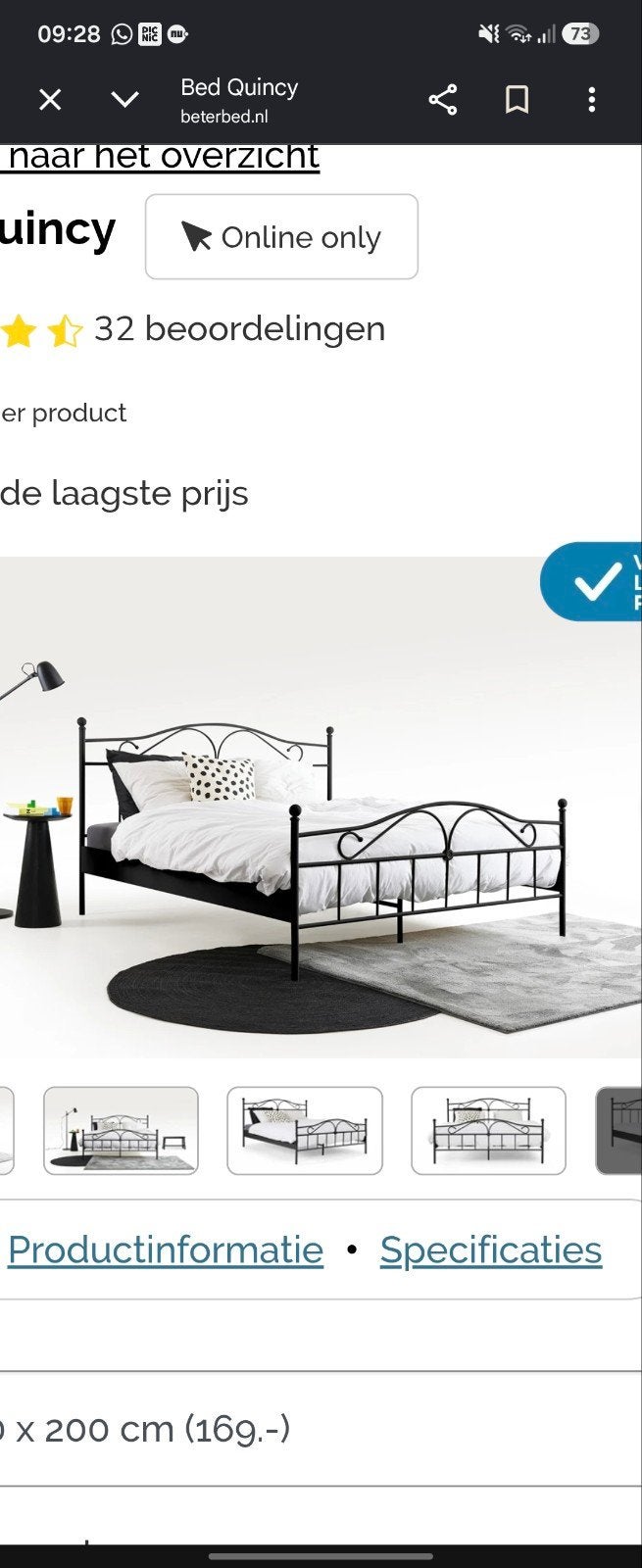 Tweepersoonsbed Quincy 160x200 cm - Zwart Metaal, Ophalen, Gebruikt, Zwart, Tweepersoons