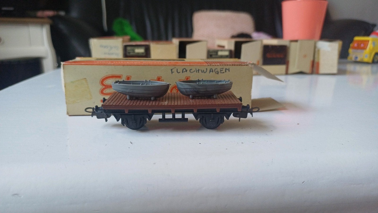 Electrotren platte wagen met bootjes - originele doos, Overige merken, Gebruikt, Gelijkstroom, Wagon