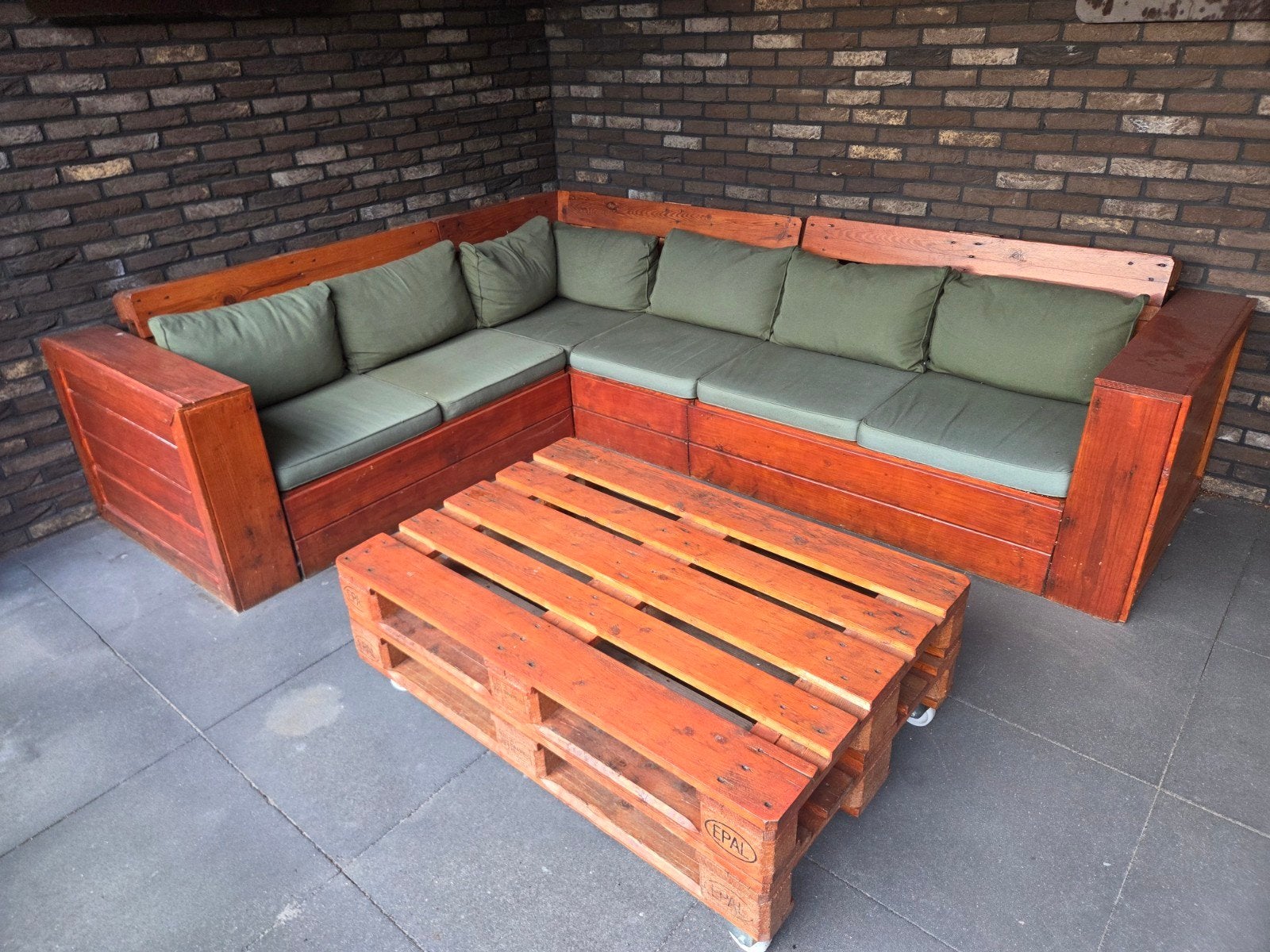 Pallethouten Loungeset met Kussens en Pallet Tafel, Ophalen, 5 zitplaatsen, Gebruikt, Bank