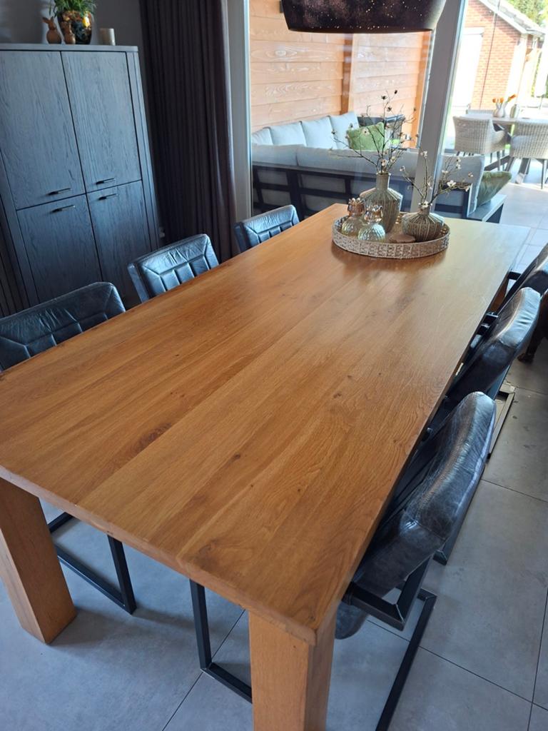Robuuste eettafel van eikenhout, Huis en Inrichting, Tafels | Eettafels, Ophalen, Gebruikt, Eikenhout, 200 cm of meer
