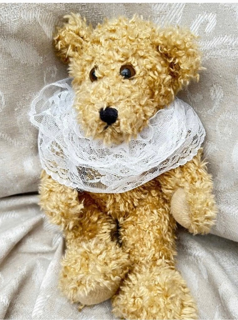 Vintage oud beertje 29 cm met mooie kanten kraag, Verzamelen, Overige merken, Stoffen beer, Ophalen of Verzenden, Zo goed als nieuw