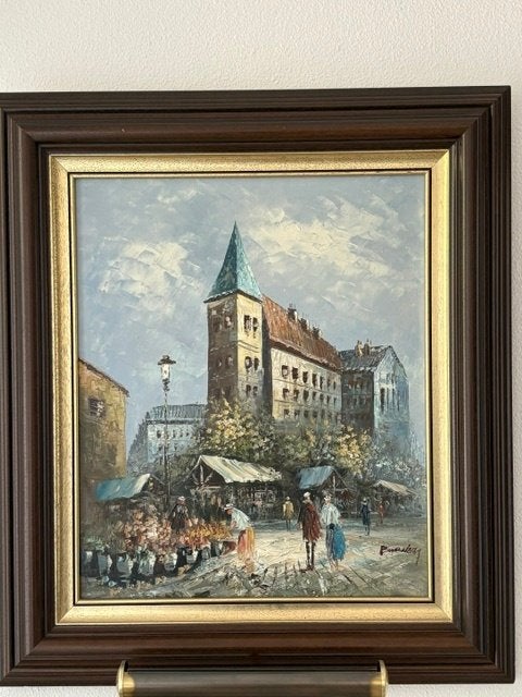 Mooi schilderij van Burnett met verlichting., Ophalen, Bijzondere lijst, Stads- / dorpsgezicht, Doek