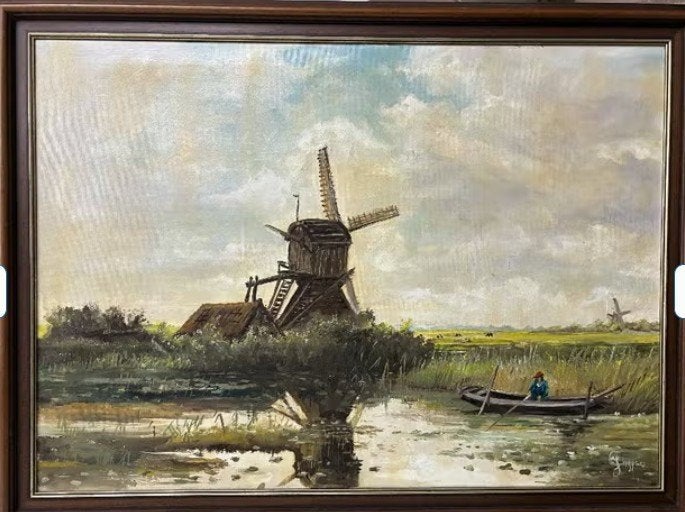 Olieverfschilderij 'Hollands Polderlandschap met Molen, Ophalen, Doek, Oud hollands, Landschap
