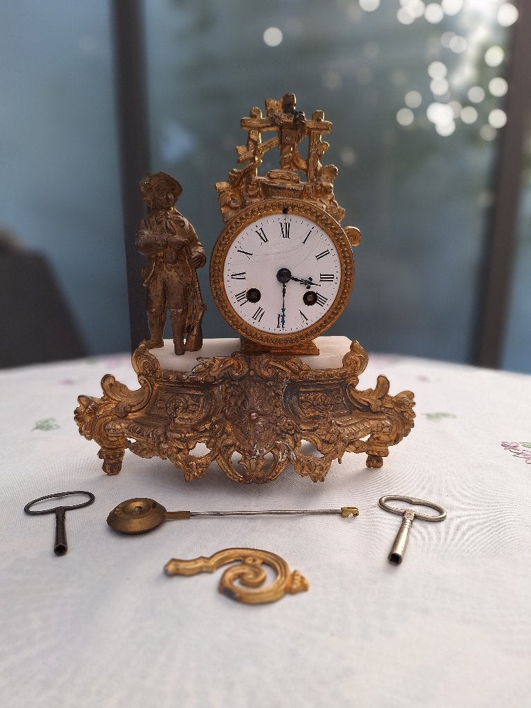 Antieke franse figurale pendule met jager, breuk ornament, Ophalen of Verzenden