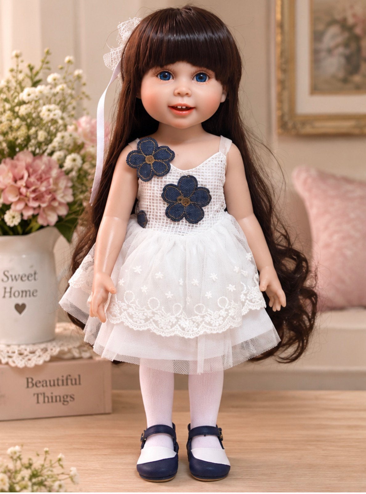 Mooie 48 cm pop – American Girl formaat – lang donker haar, Kinderen en Baby's, Ophalen of Verzenden, Nieuw, Overige typen