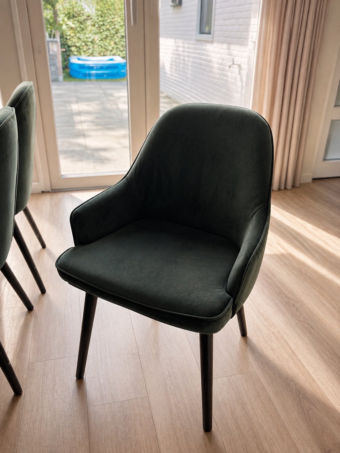 6 groene eetkamerstoelen, Huis en Inrichting, Stoelen, Ophalen, Gebruikt, Overige kleuren, Stof