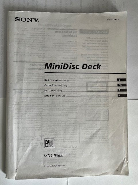 TE KOOP  :  HANDLEIDING : VOOR DE SONY MINIDISC MDS-JE500, Ophalen of Verzenden, Minidisc-speler