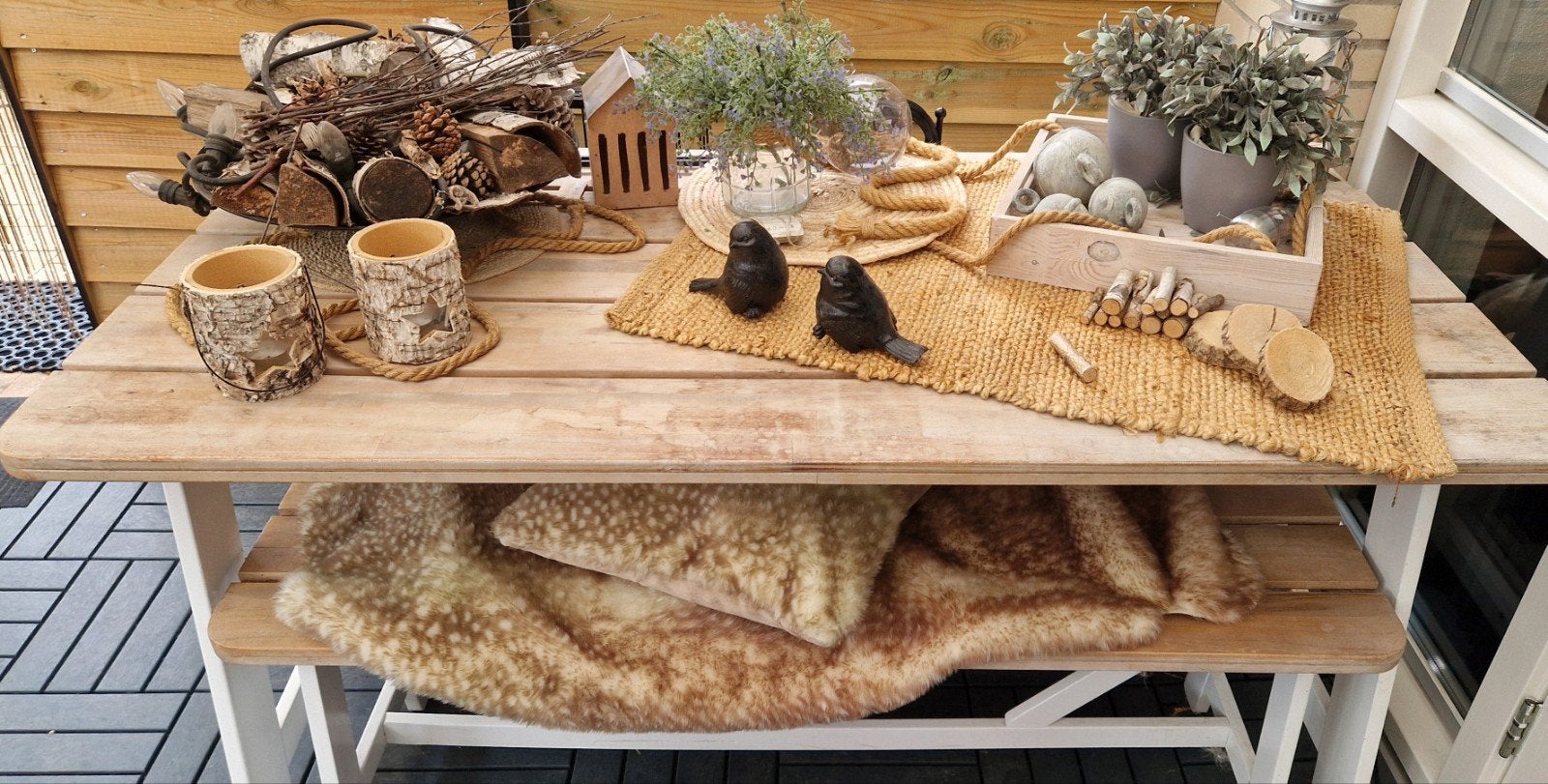 Picknicktafel met 2 losse bankjes - Licht hout/wit, Ophalen, Gebruikt, Rechthoekig, Hout