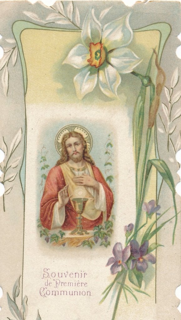 Mooi oud devotieprentje Christus met Kelk en bloemen 1919, Ophalen of Verzenden, Zo goed als nieuw, Kaart of Prent, Christendom | Katholiek