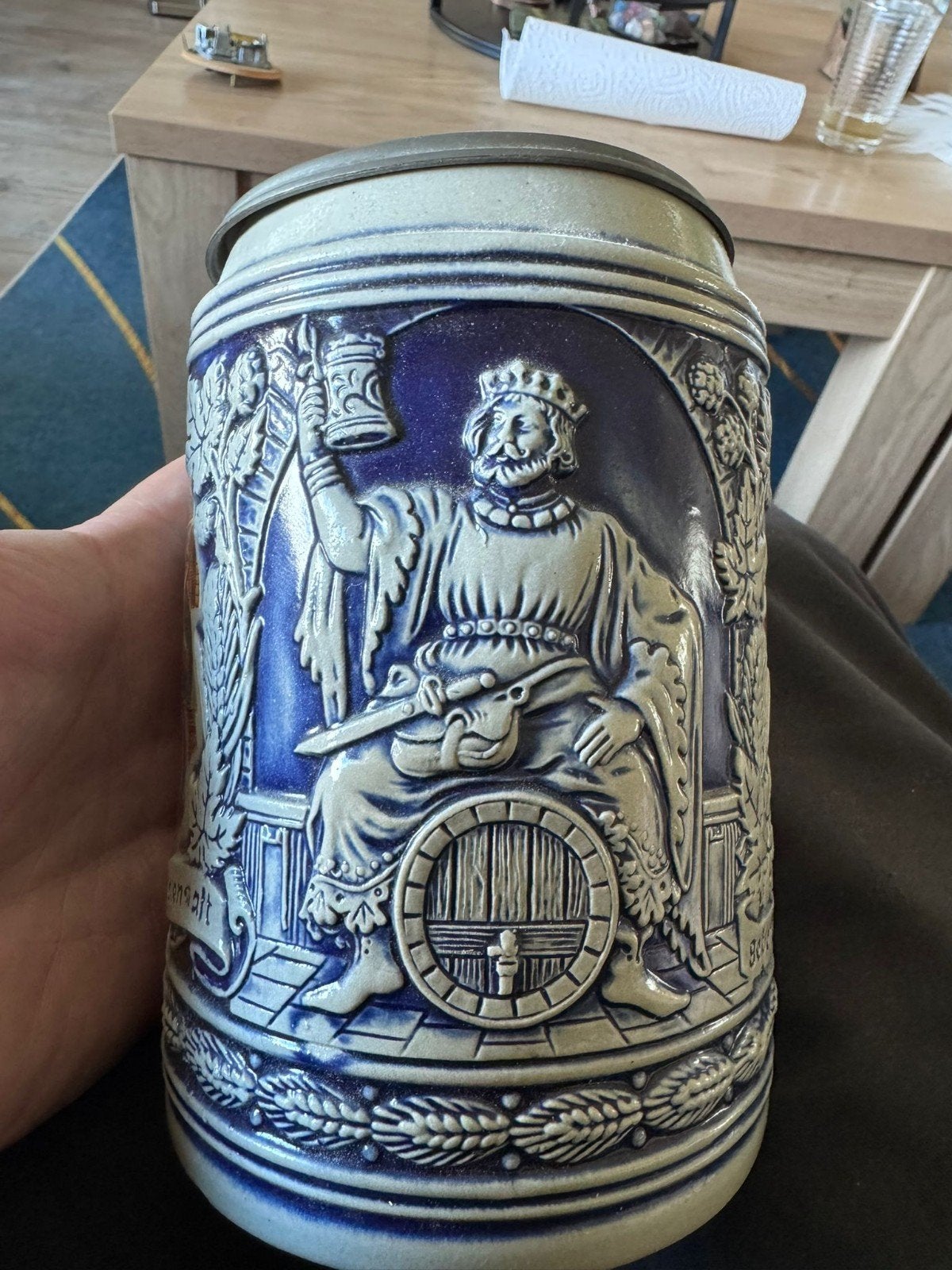 Vintage Duitse bierpul met tinnen deksel- Gambrinus, Verzamelen, Ophalen