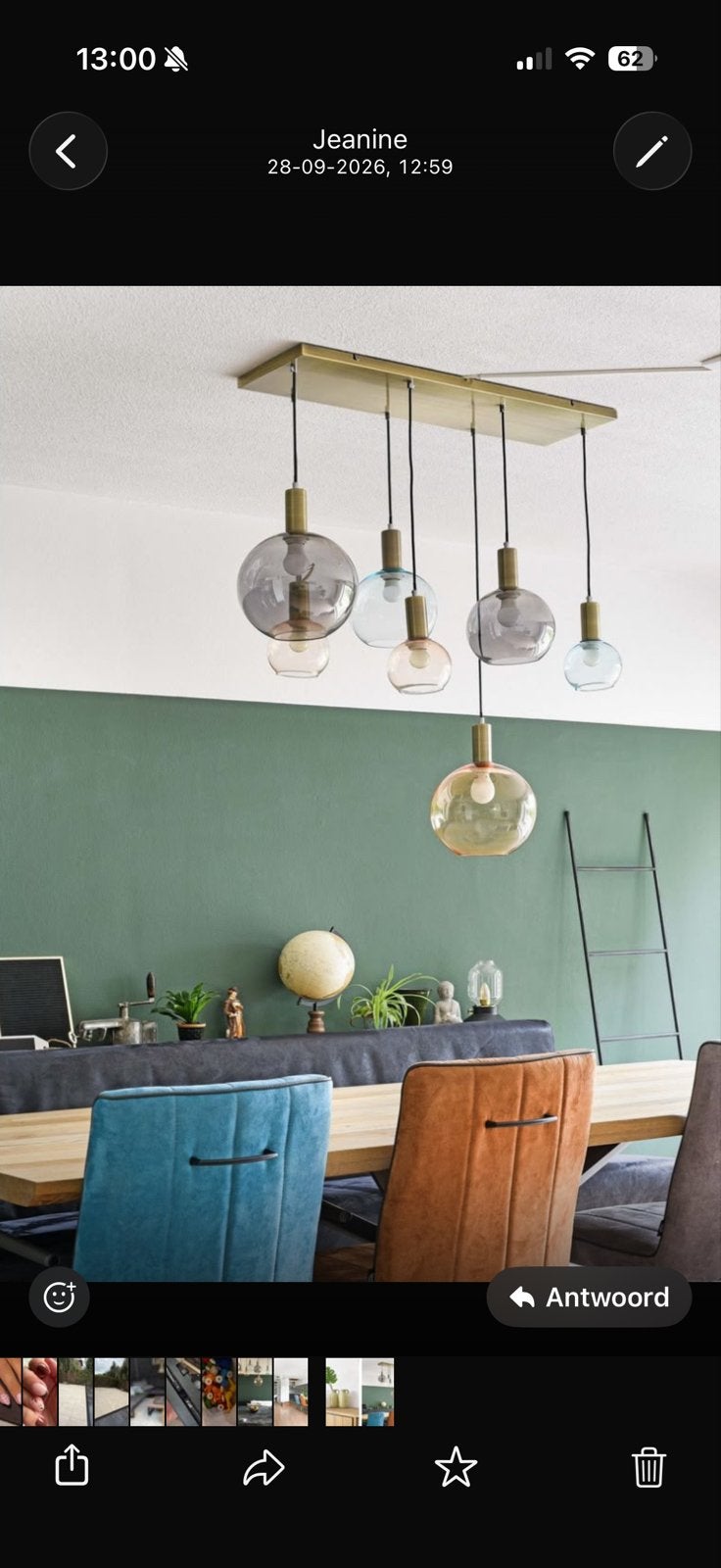 Moderne hanglamp met 7 glazen bollen, Ophalen, Gebruikt, Glas, E14 (klein)
