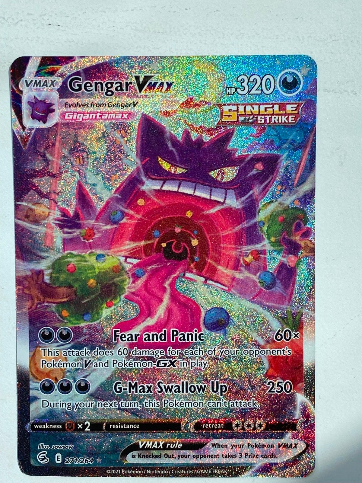 Gengar VMAX Pokémon kaart (Fusion Strike 271/264), Ophalen, Zo goed als nieuw, Losse kaart, Foil
