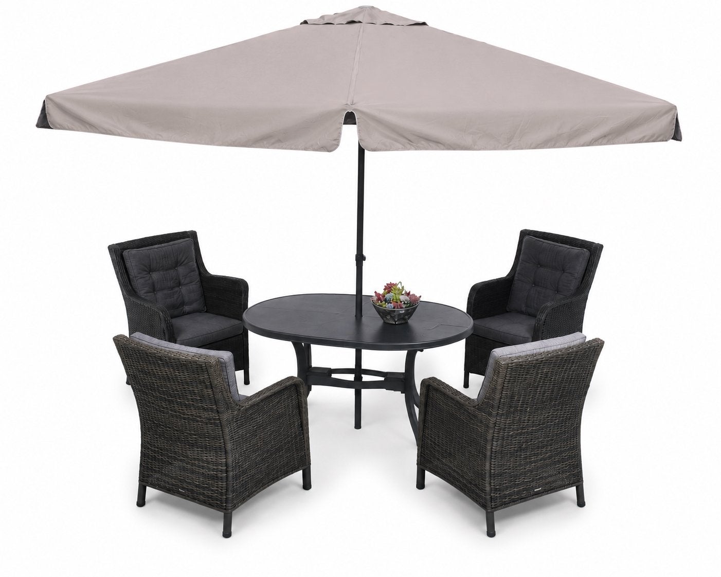 Complete tuinset met 4 stoelen en parasol, Tuin en Terras, Ophalen, 4 zitplaatsen, Gebruikt, Eettafel