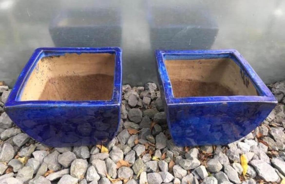 Mooie set van 2 terracotta bloempotten blauw geglazuurd 37cm, Tuin en Terras, Gebruikt, Minder dan 40 cm, Binnen, Terracotta